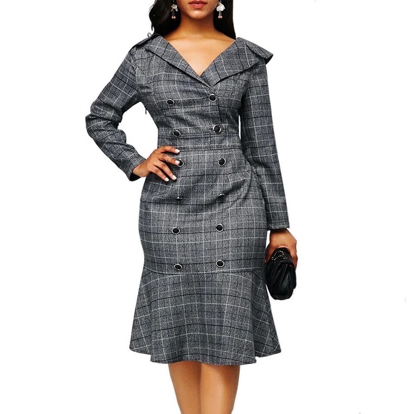 china Dresses & Skirts - New Elegant Women V Neck Double Breast Flare y2k Party Formal Dress